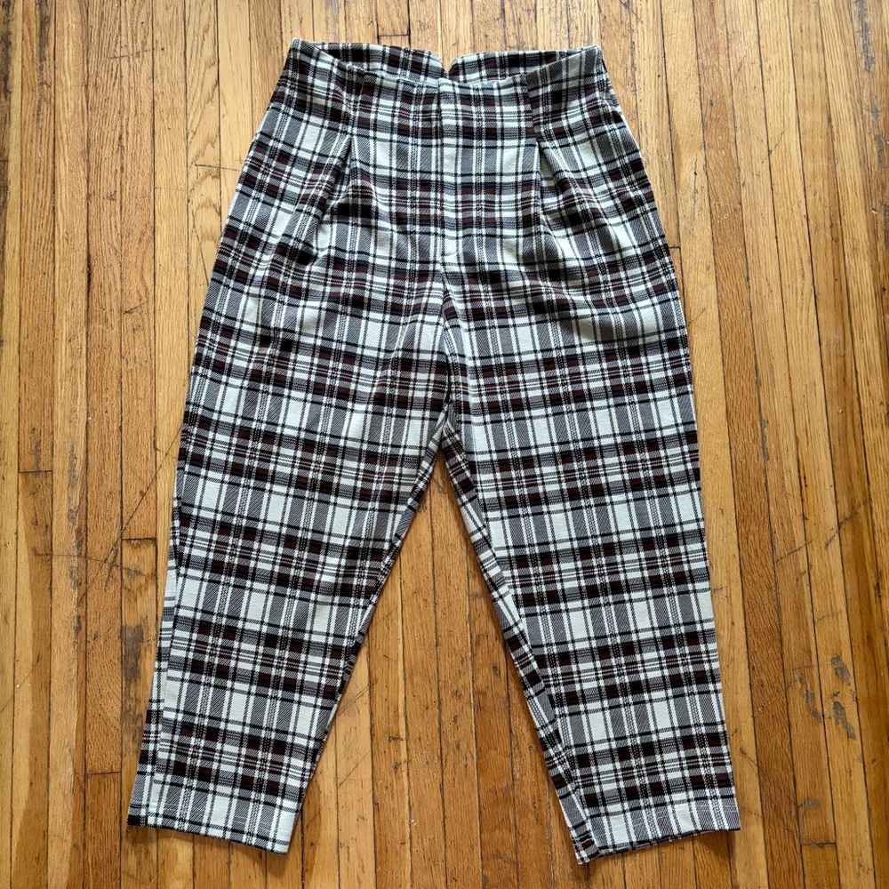 Free People Plaid High-Waist Cropped Pants in Black, White & Brown